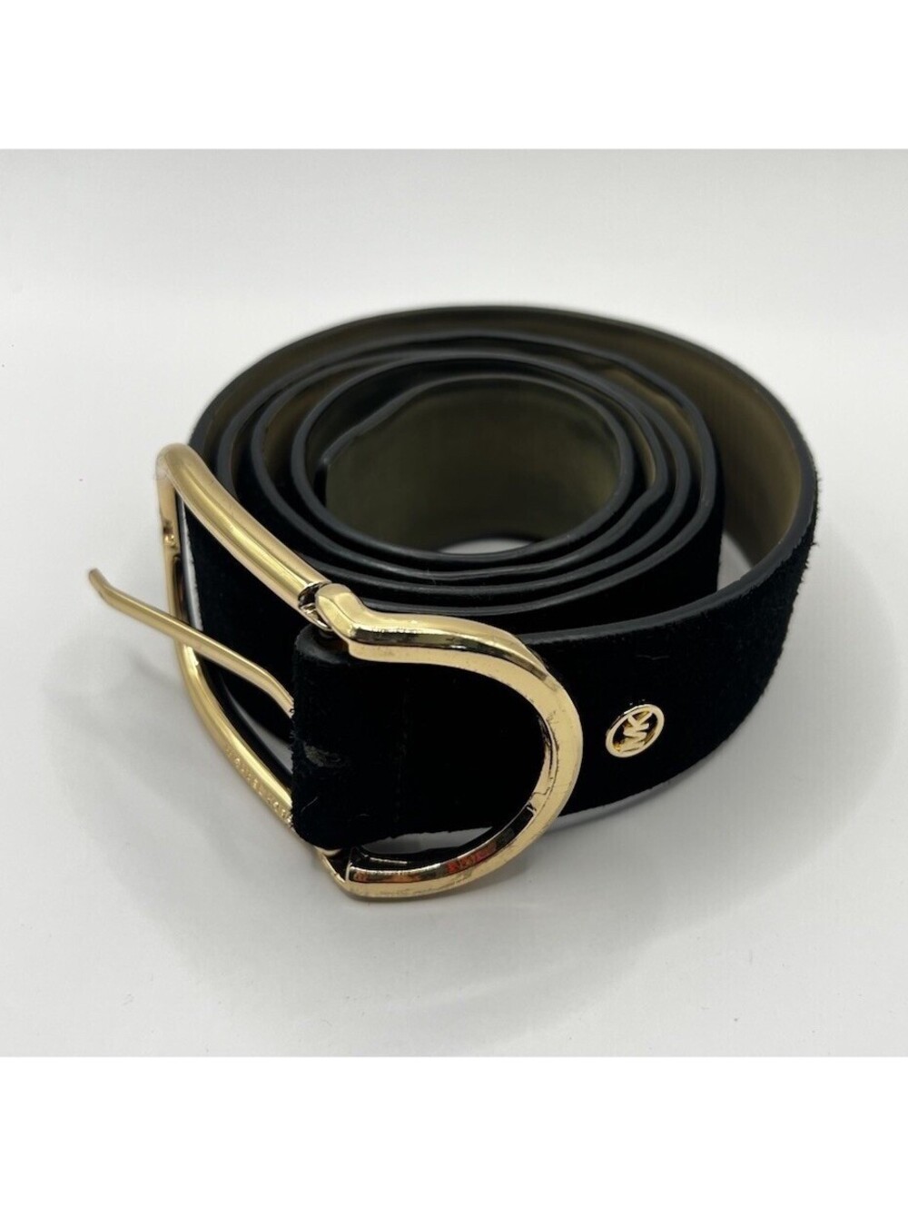 Michael Kors Black Suede Genuine Leather Belt Gold Oval Buckle Stud Logo | XL